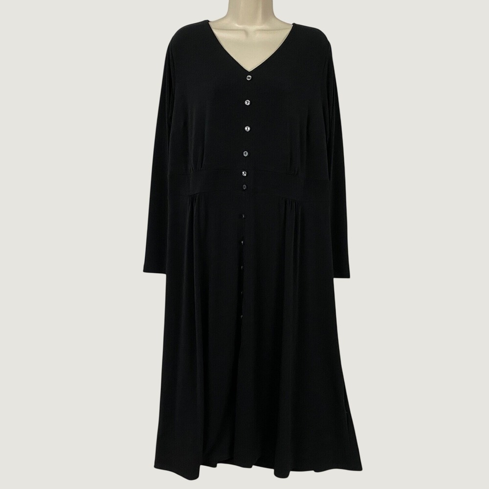 Talbots Midi Dress Womens 1X Solid Black Faux Button Front Stretch Knit Minimal